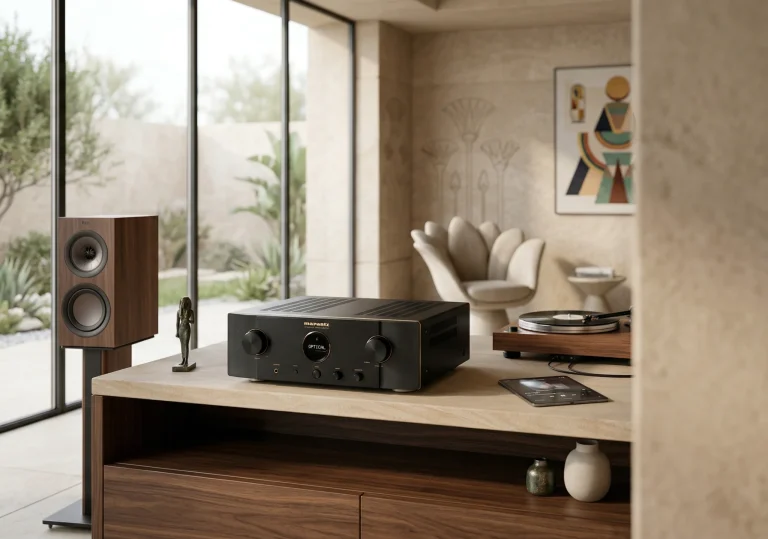 Marantz Model 40n premium streaming amplifier in a luxury modern interior with speakers and turntable