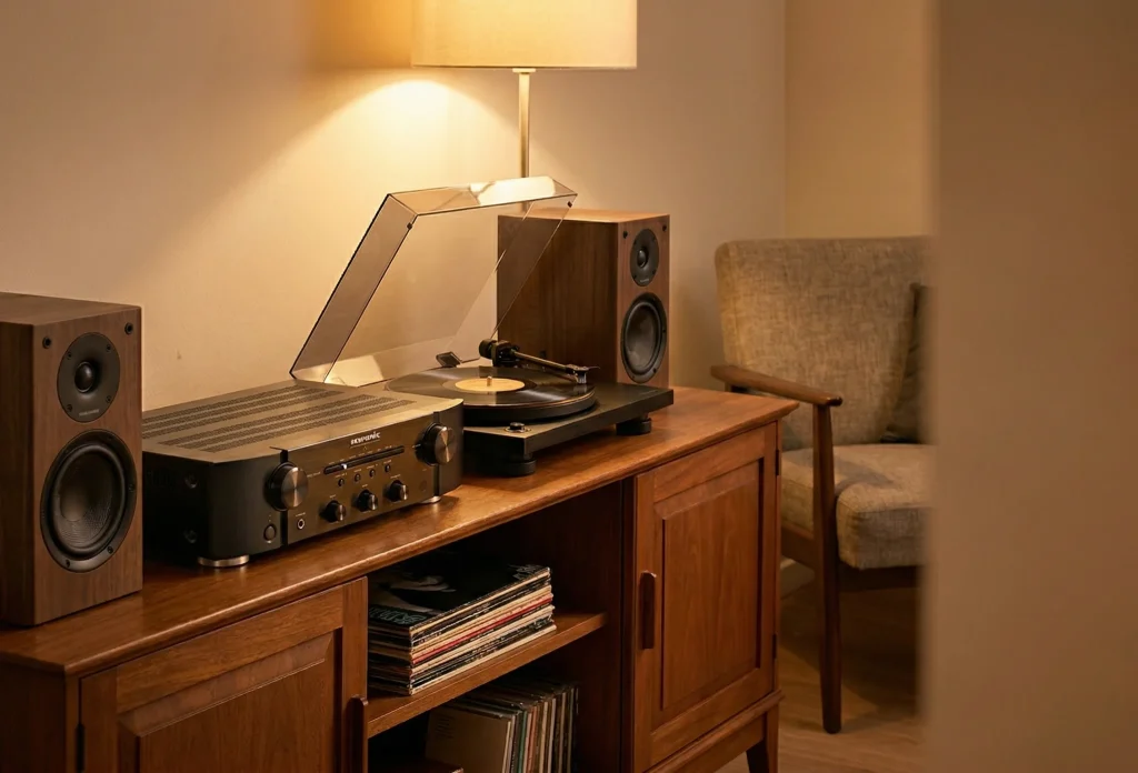 Marantz PM6007 integrated amplifier in a warm vinyl listening setup with bookshelf speakers and turntable