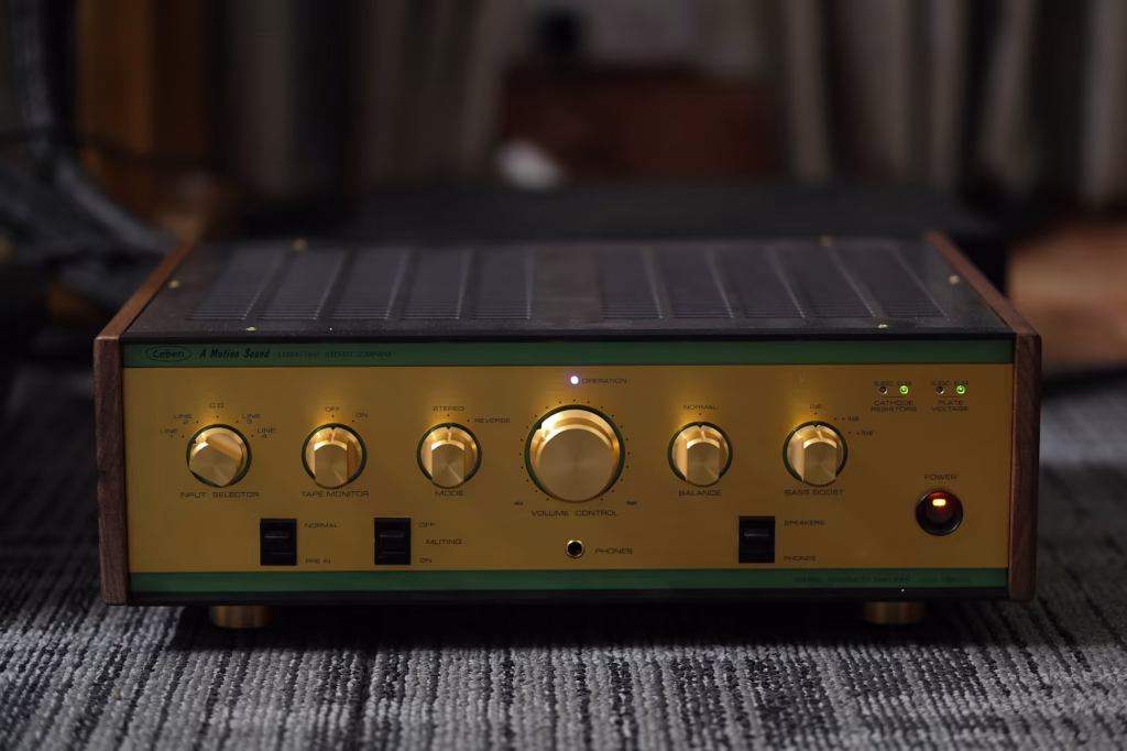 Vintage Leben stereo integrated amplifier with gold front panel knobs and illuminated power indicator