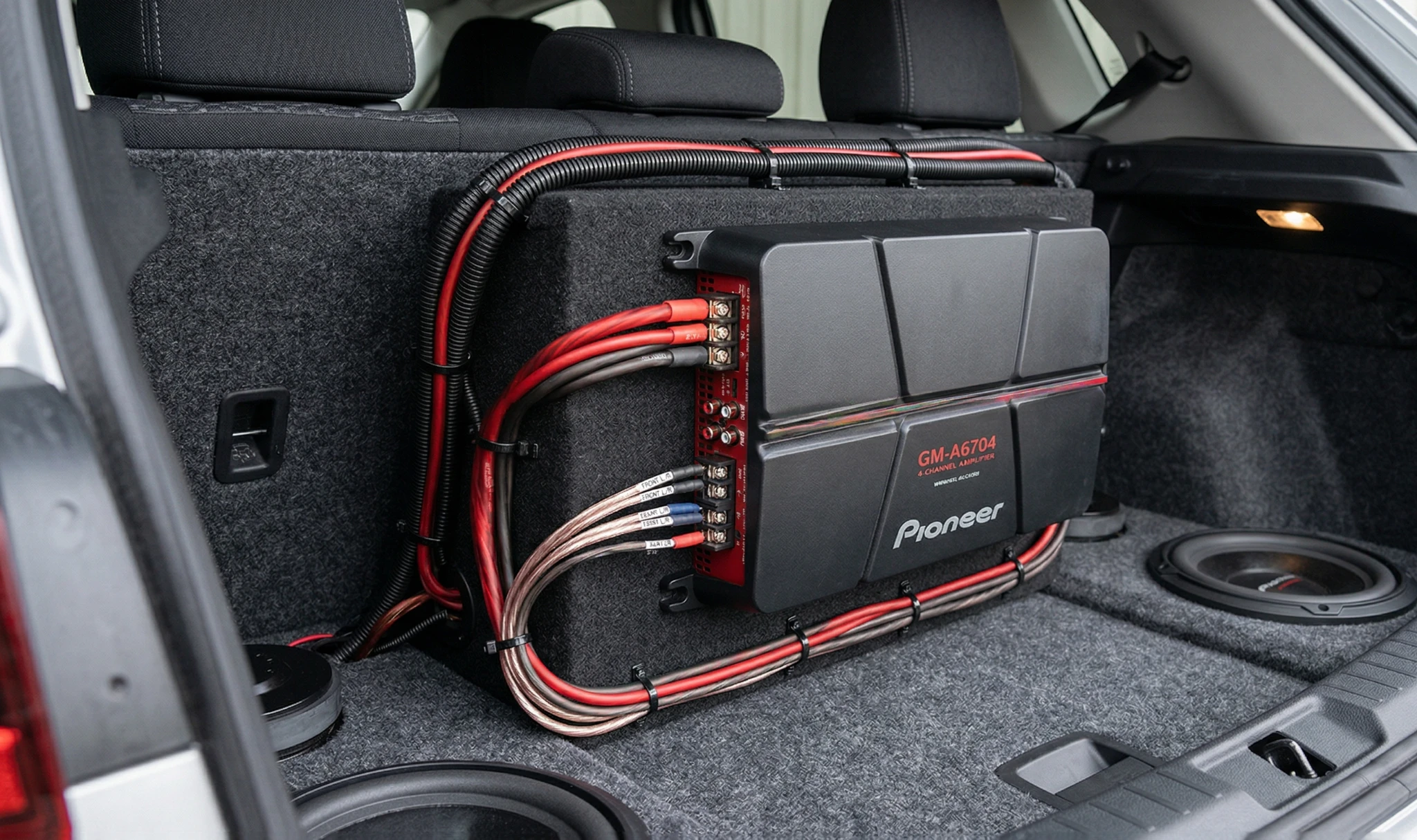 Pioneer GM-A6704 amplifier installed in car trunk with organized wiring and speaker connections