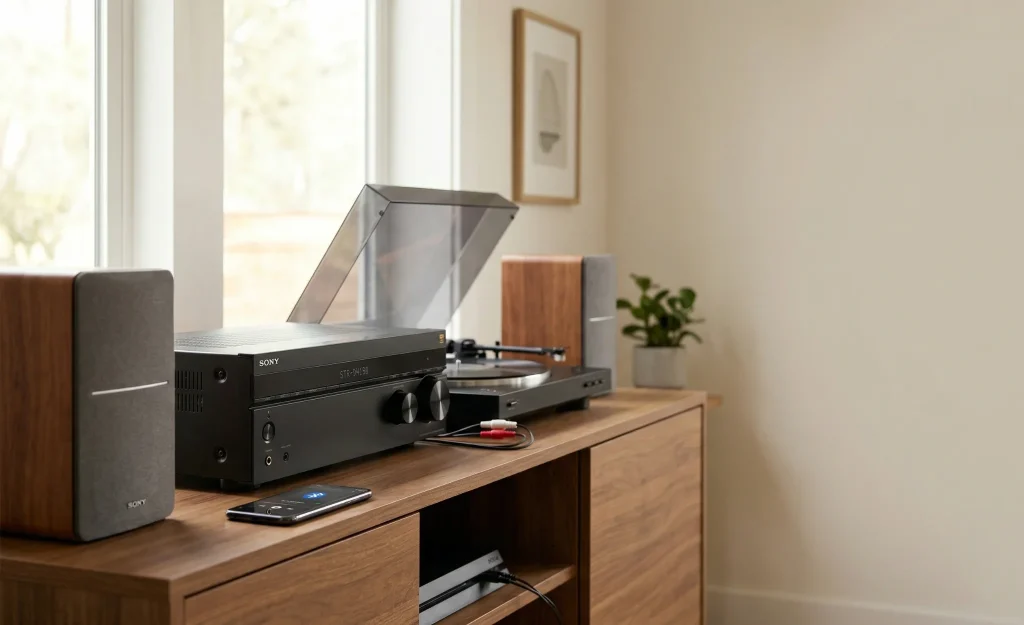 Sony STR-DH190 stereo receiver in a simple budget home audio setup with speakers and turntable