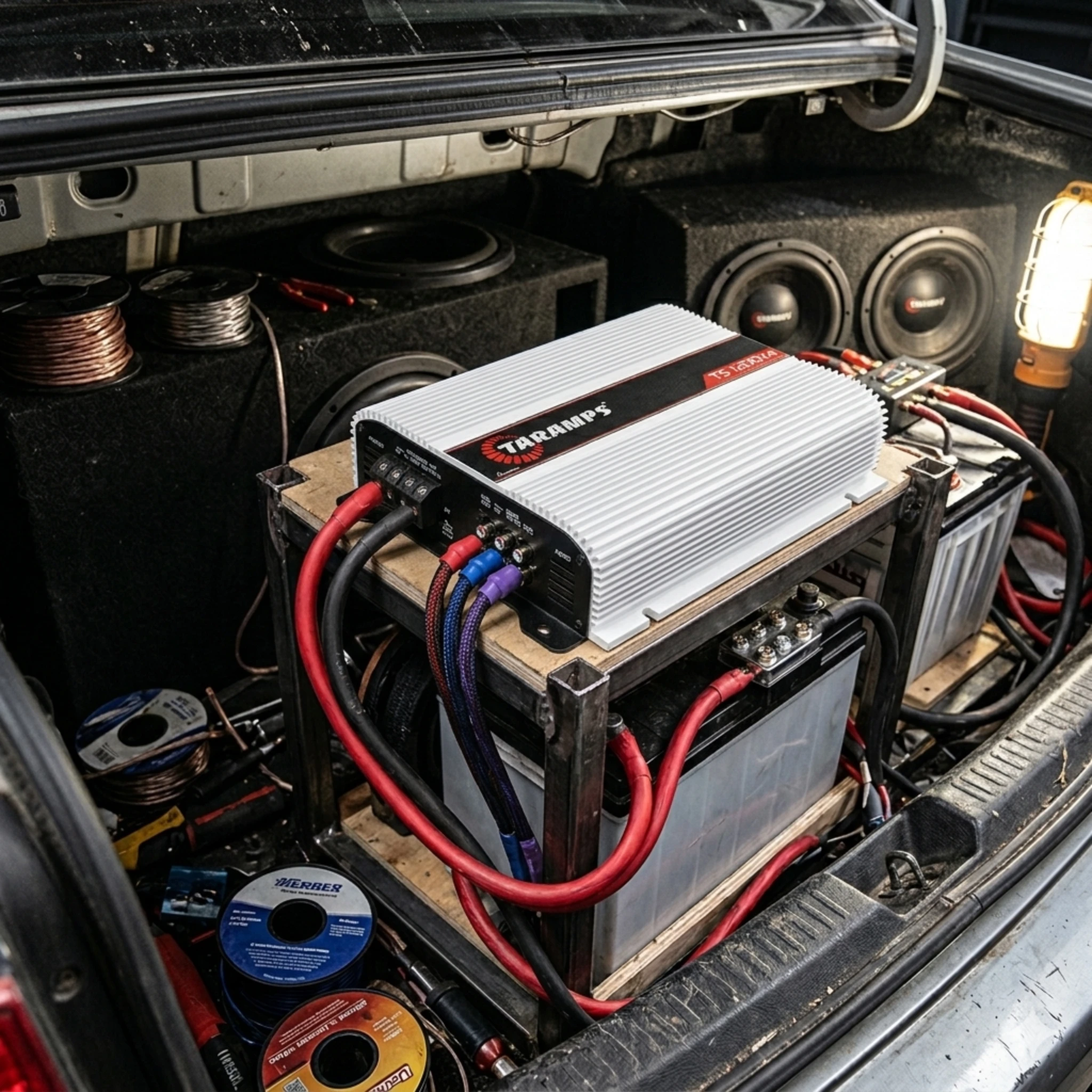 Taramps TS 1200x4 car amplifier installed in trunk with subwoofers and wiring setup