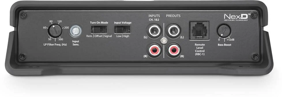 JL Audio JD250/1 terminals and RCA input close-up