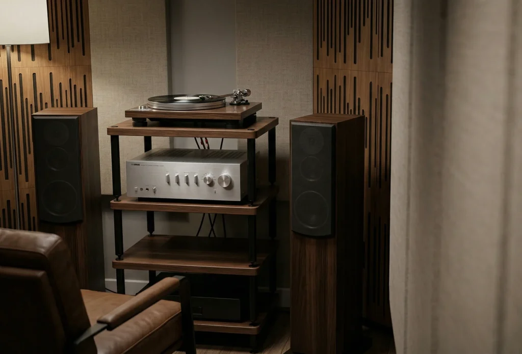 Yamaha A-S501 integrated amplifier driving floorstanding speakers in a dedicated listening room