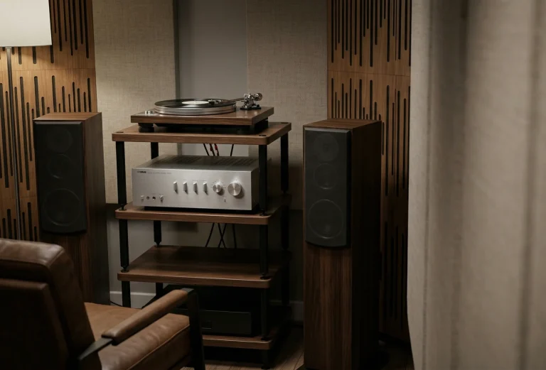 Yamaha A-S501 integrated amplifier driving floorstanding speakers in a dedicated listening room