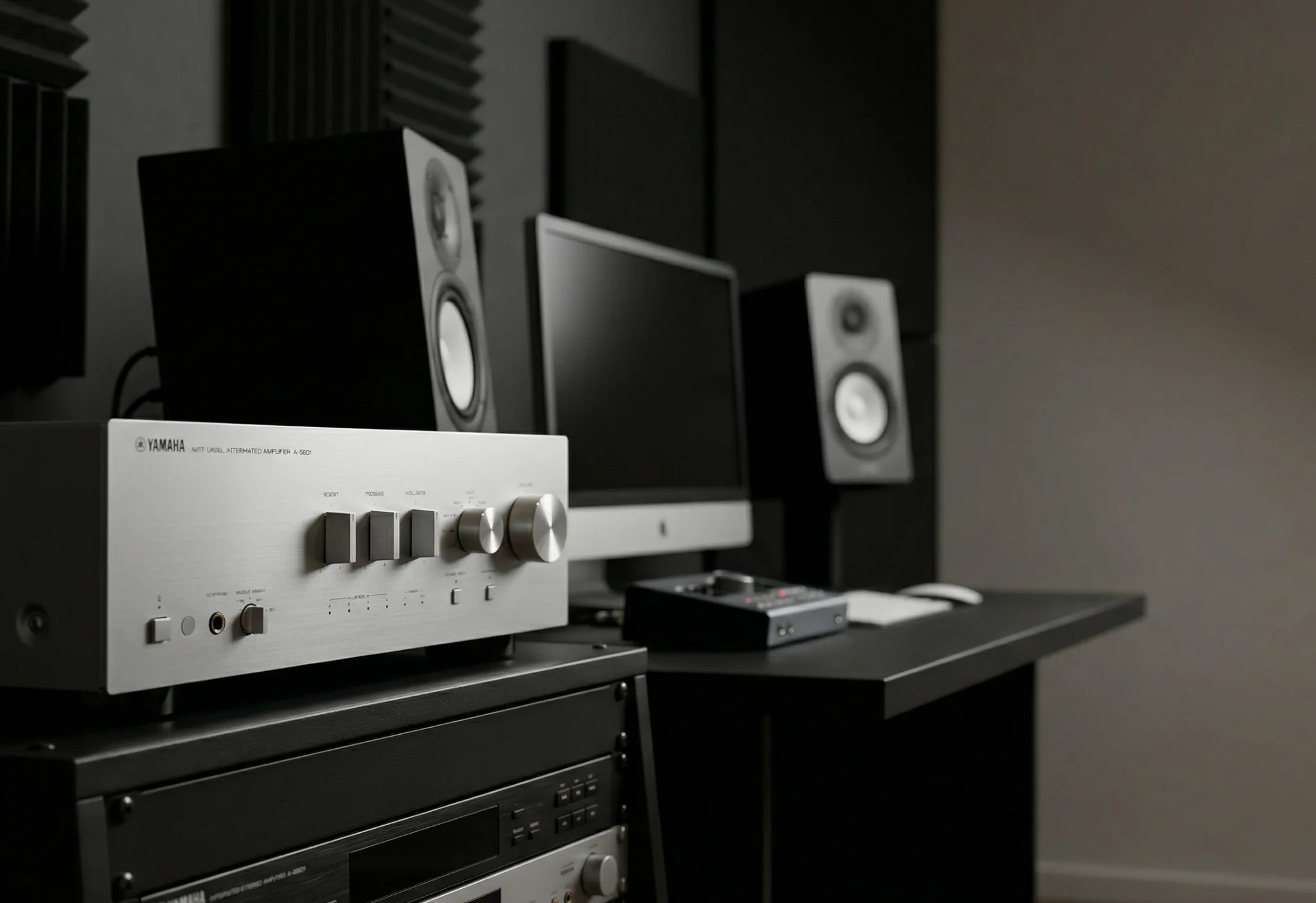 Yamaha A-S801 integrated amplifier in a studio-style setup with nearfield speakers and DAC system
