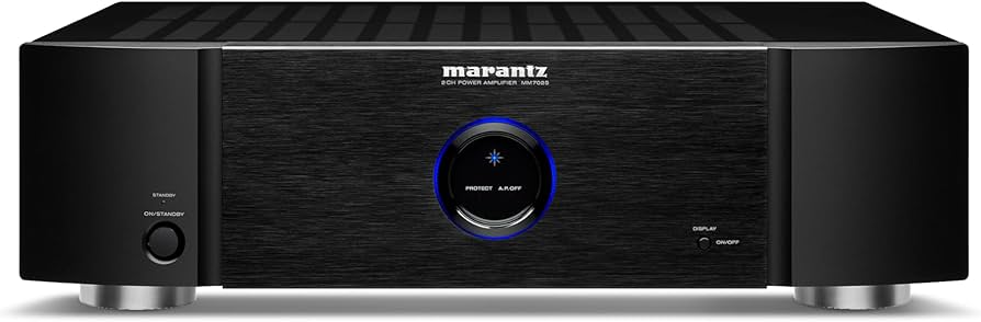 Marantz MM7025 high-end stereo power amplifier with brushed aluminum front panel and illuminated display ring.