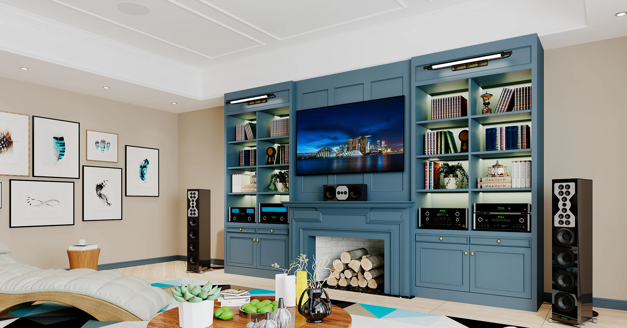 High-end home audio system with power amplifiers, tower speakers, and a luxury media cabinet setup.