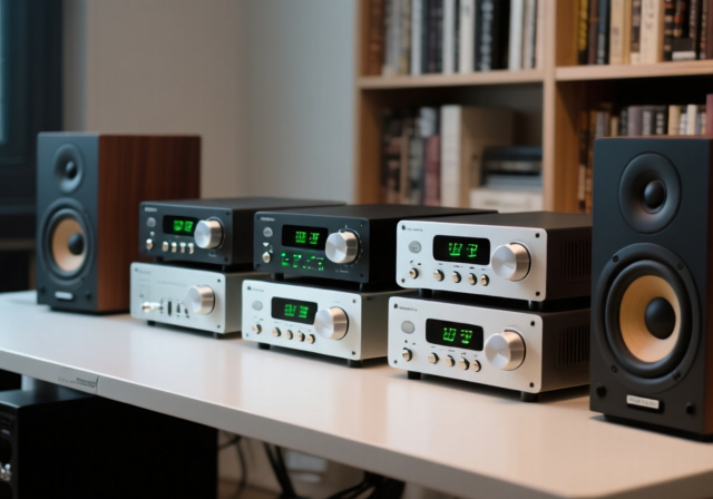 multiple compact stereo amplifiers placed side by side for comparison