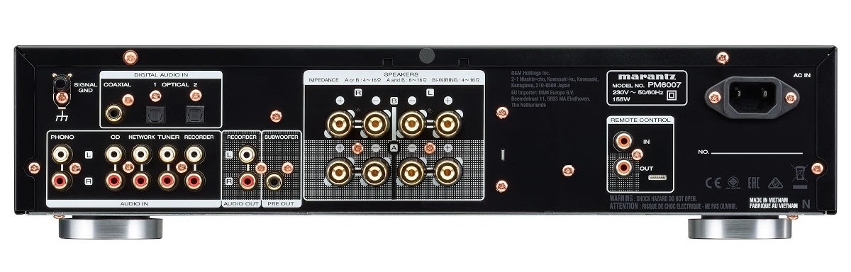 Marantz PM6007 rear panel showing analog inputs, digital inputs, and speaker terminals