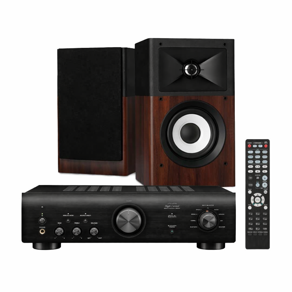 Entry-level home audio system with compact bookshelf speakers and a beginner-friendly stereo amplifier in a simple living room setup