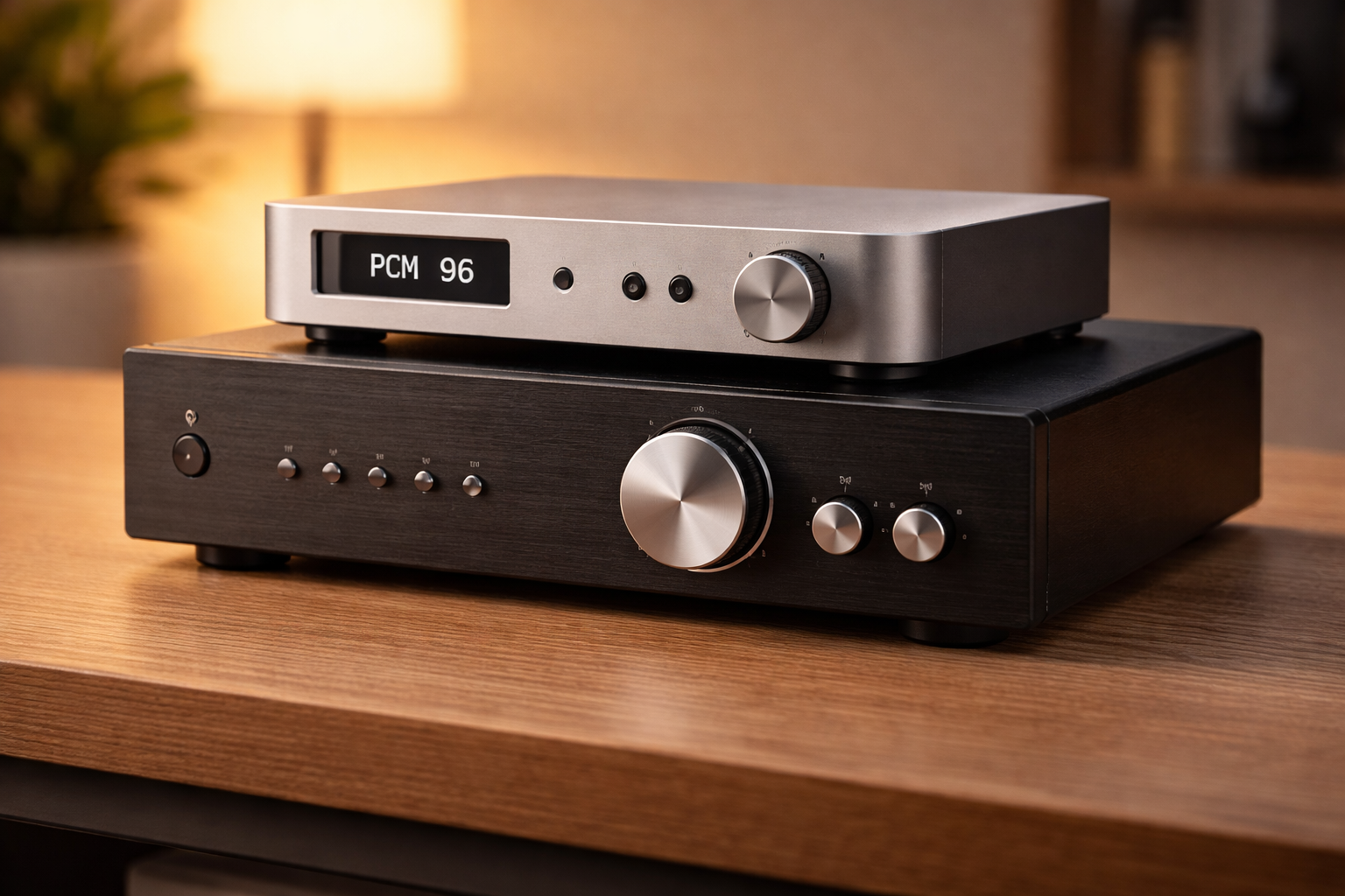 DAC stacked on top of an integrated amplifier on a wooden table, illustrating a typical home audio upgrade path under warm ambient lighting