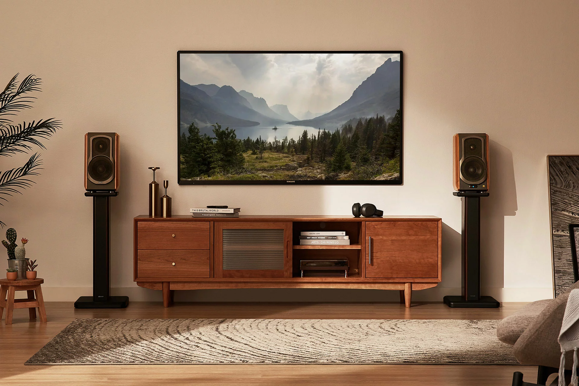 Living room home audio setup with bookshelf speakers and a media cabinet integrating multiple entertainment components