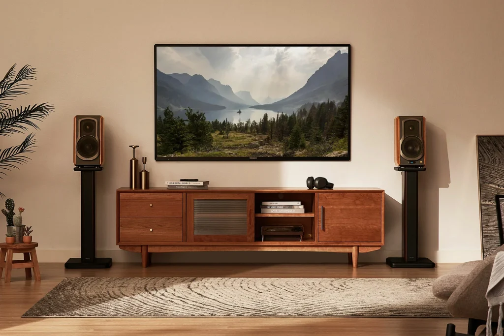 Home audio system with bookshelf speakers on stands and amplifier cabinet in a calm living room setting
