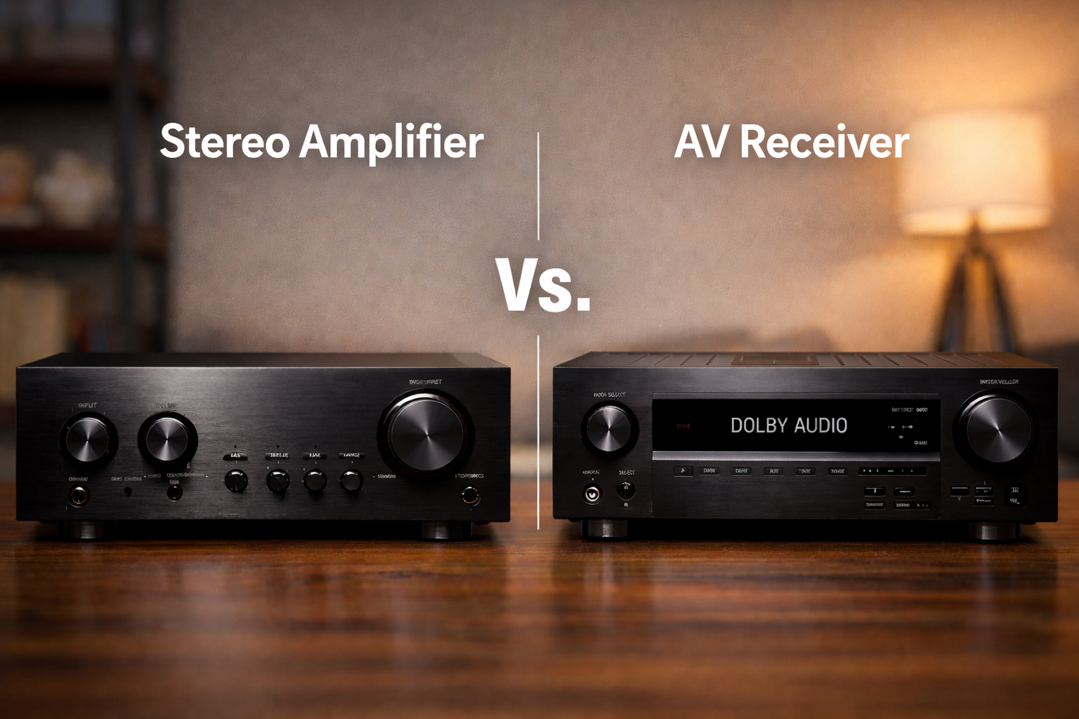 Stereo amplifier and AV receiver shown side by side to illustrate the differences between two-channel music systems and multi-channel home theater receivers