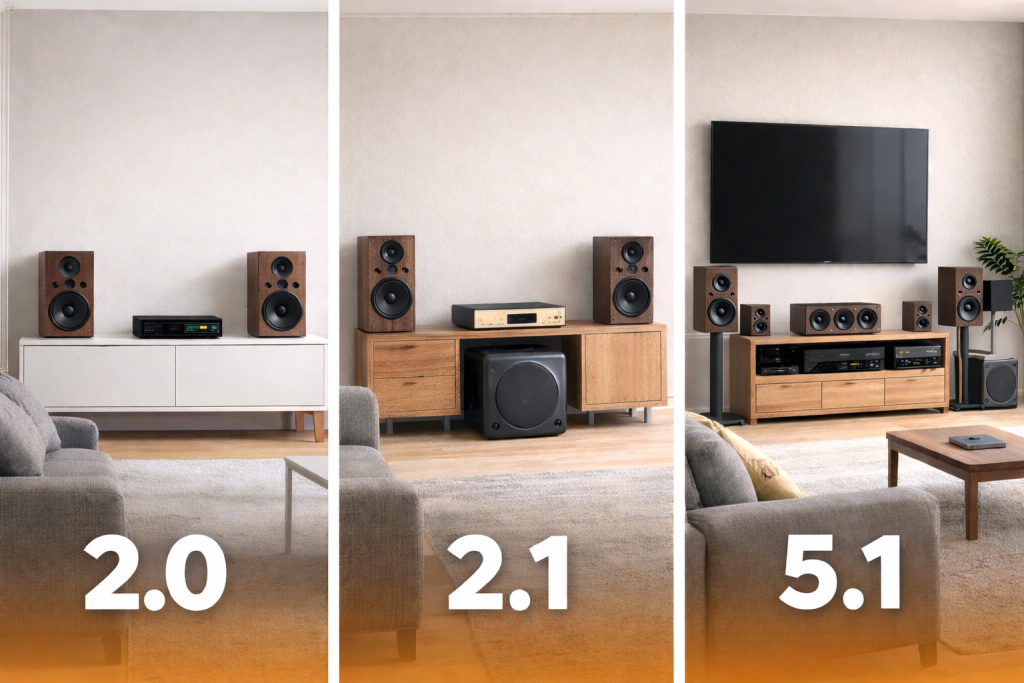 Side-by-side comparison of home audio systems showing a 2.0 stereo setup, a 2.1 system with subwoofer, and a full 5.1 surround sound system in a modern living room.