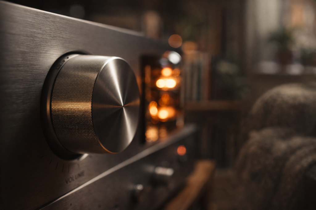 Close-up macro of a brushed-metal amplifier volume knob with a softly glowing vacuum tube in the background, highlighting craftsmanship and warm ambient lighting.