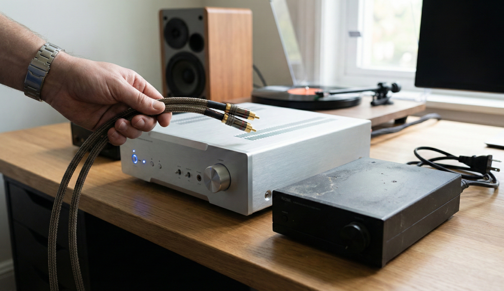 A person's hand is holding a pair of braided audio cables with gold connectors above a large silver stereo amplifier. Next to the silver amplifier on a wooden desk is a smaller, older-looking black amplifier. In the background are a wooden speaker, a turntable, and a computer monitor.