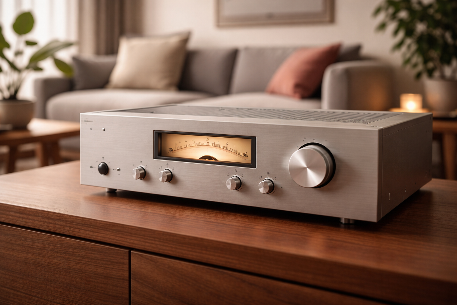 Brand-neutral home audio amplifier with an analog power meter and large volume knob placed on a console in a calm living room