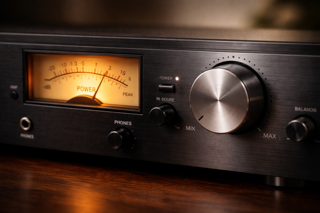 Close-up of a brand-neutral home audio amplifier showing an analog power meter at low wattage and a volume knob set around mid-level in a calm listening environment.