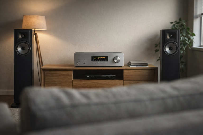 Modern home audio setup with integrated amplifier and floorstanding speakers in a balanced living room environment