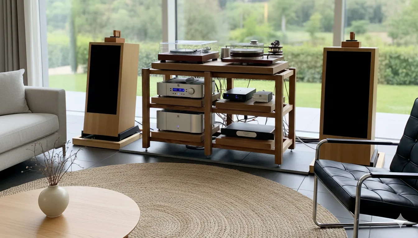 Home audio rack with separate amplifier components