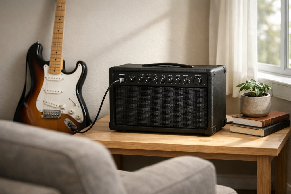 Compact black guitar amplifier on a light wood side table in a sunlit living room, connected to an electric guitar leaning against the wall, with a soft armchair in the foreground.