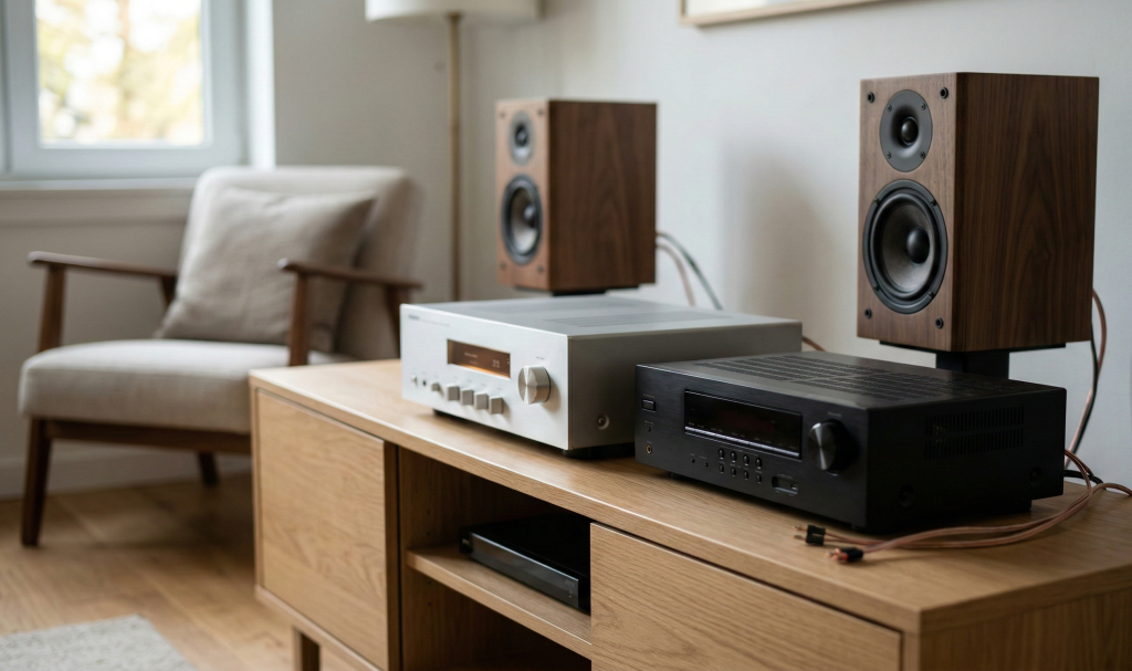 A premium silver integrated amplifier and an unplugged black receiver with loose wires sit on a light oak media console, with walnut bookshelf speakers and an armchair in a modern, sunlit living room.