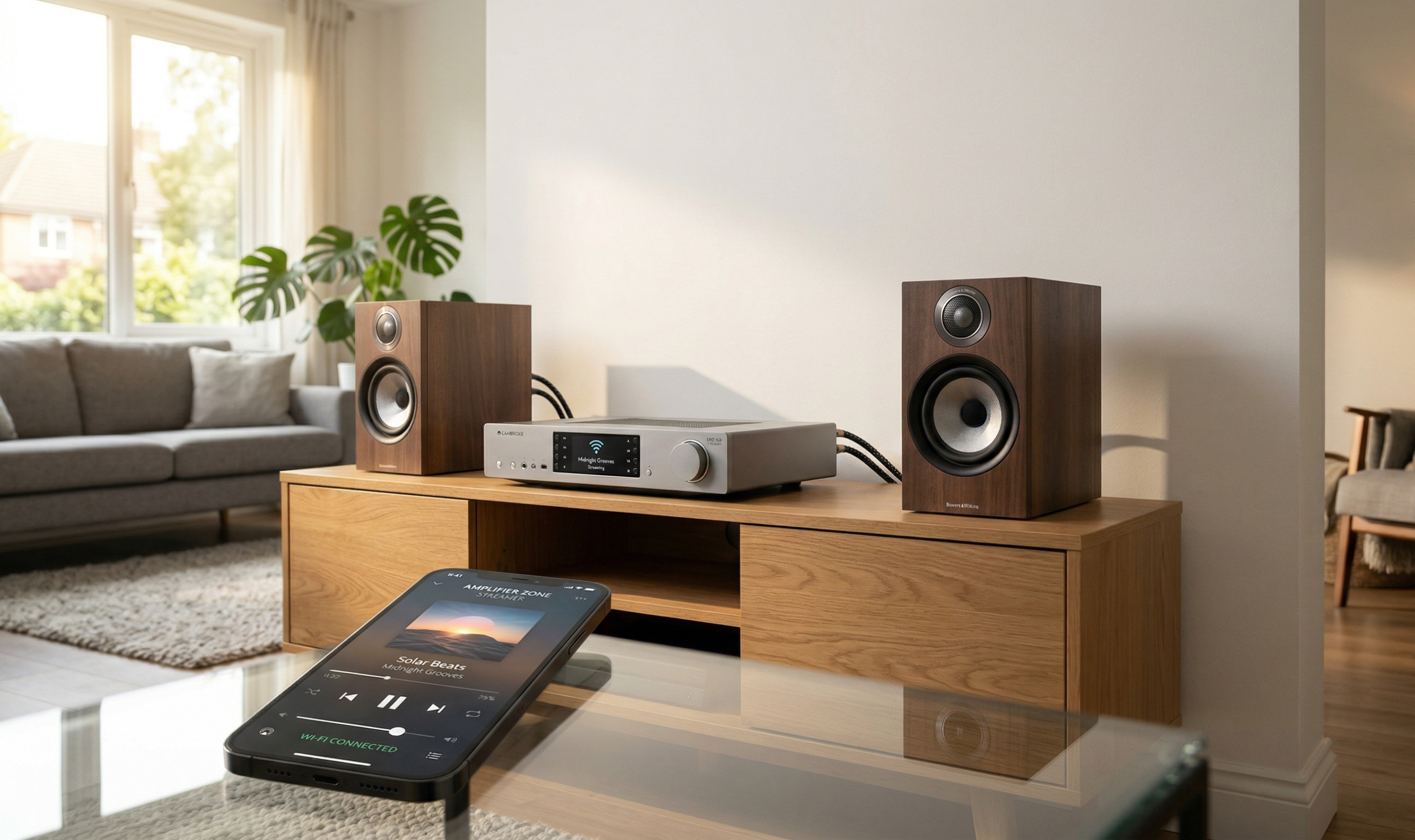 Modern home audio setup with streaming amplifier and bookshelf speakers controlled by smartphone over WiFi