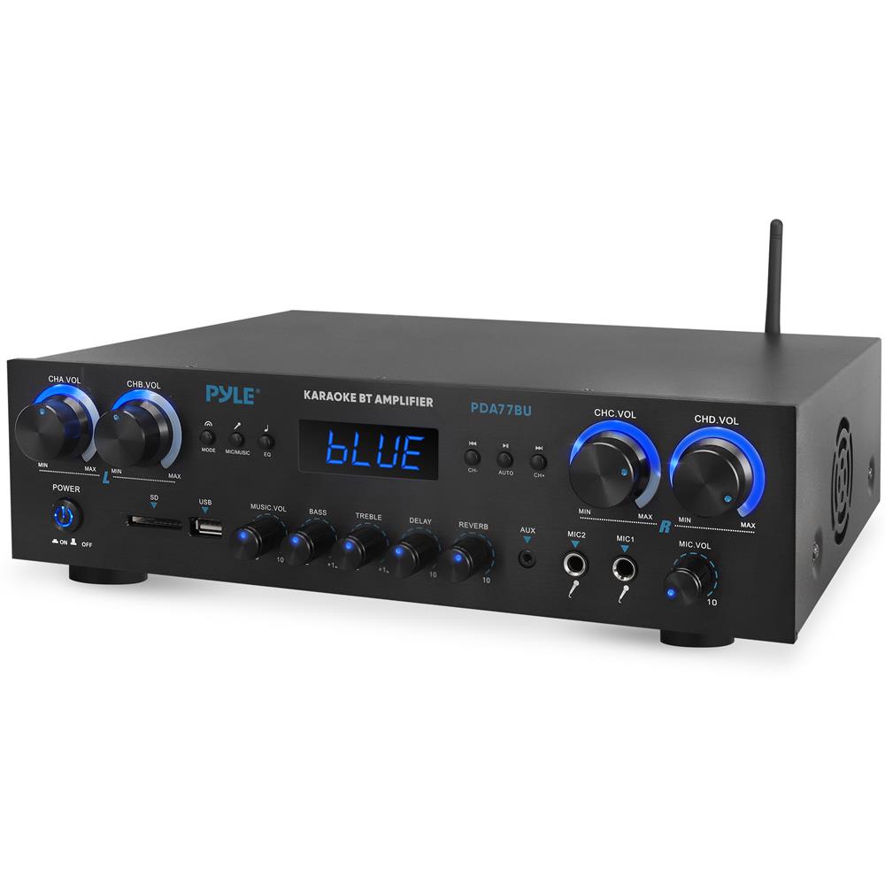 Pyle PDA77BU front panel showing volume knobs, LED display, USB, SD card and microphone inputs