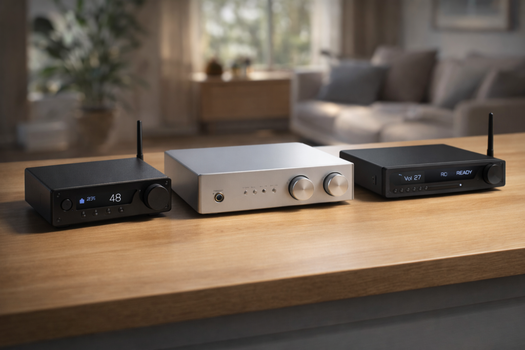 Amplifiers on oak workbench in daylight