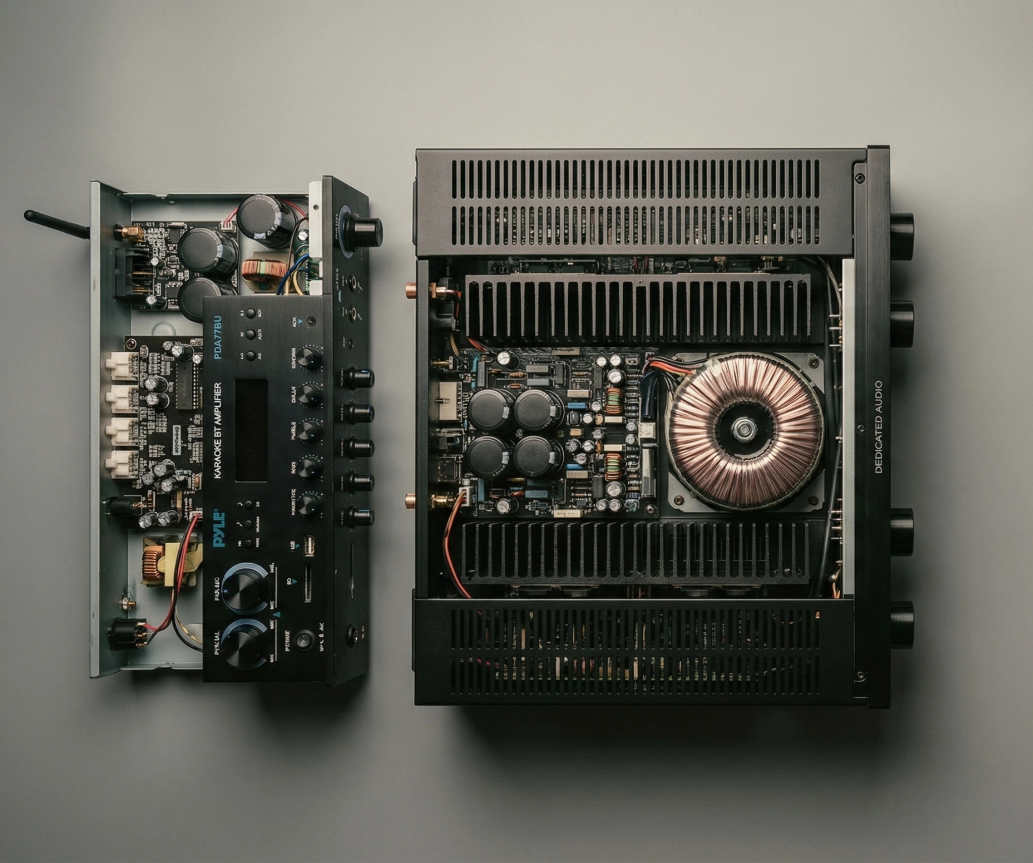 Internal components comparison showing Pyle PDA77BU versus high-end amplifier with transformer and circuitry
