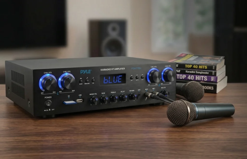 Pyle PDA77BU stereo receiver with microphones in a simple home audio karaoke setup