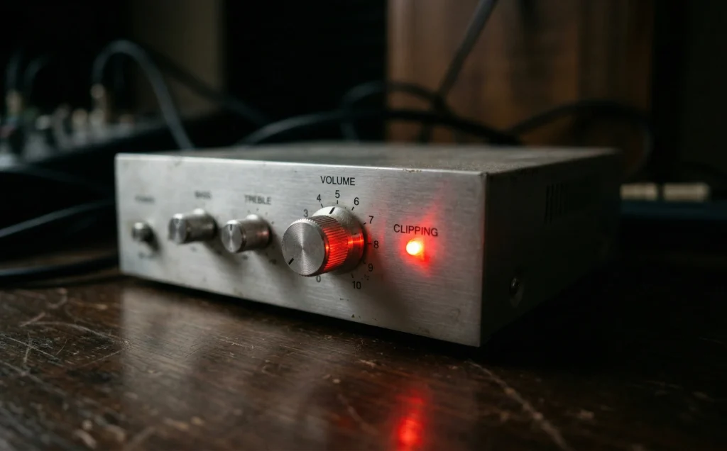 Amplifier volume knob at maximum with clipping light on showing lack of headroom