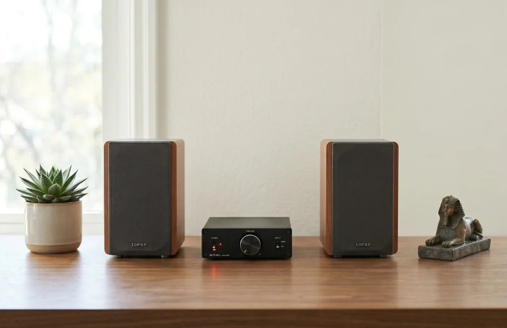 Budget stereo amplifier under $100 paired with bookshelf speakers in a clean home audio setup"