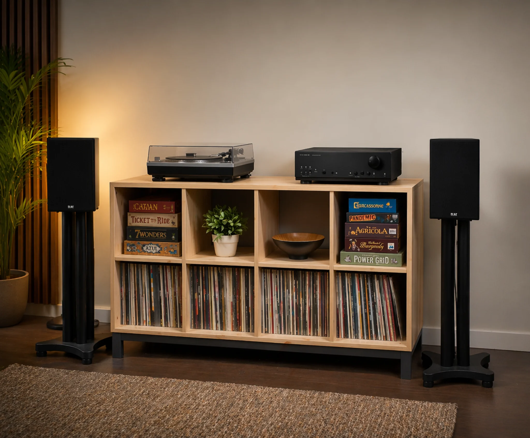 Compact stereo amplifier and bookshelf speakers setup on a wooden media unit with vinyl records
