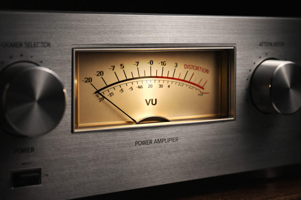 Amplifier power meter displaying optimal output level without distortion in a home audio system