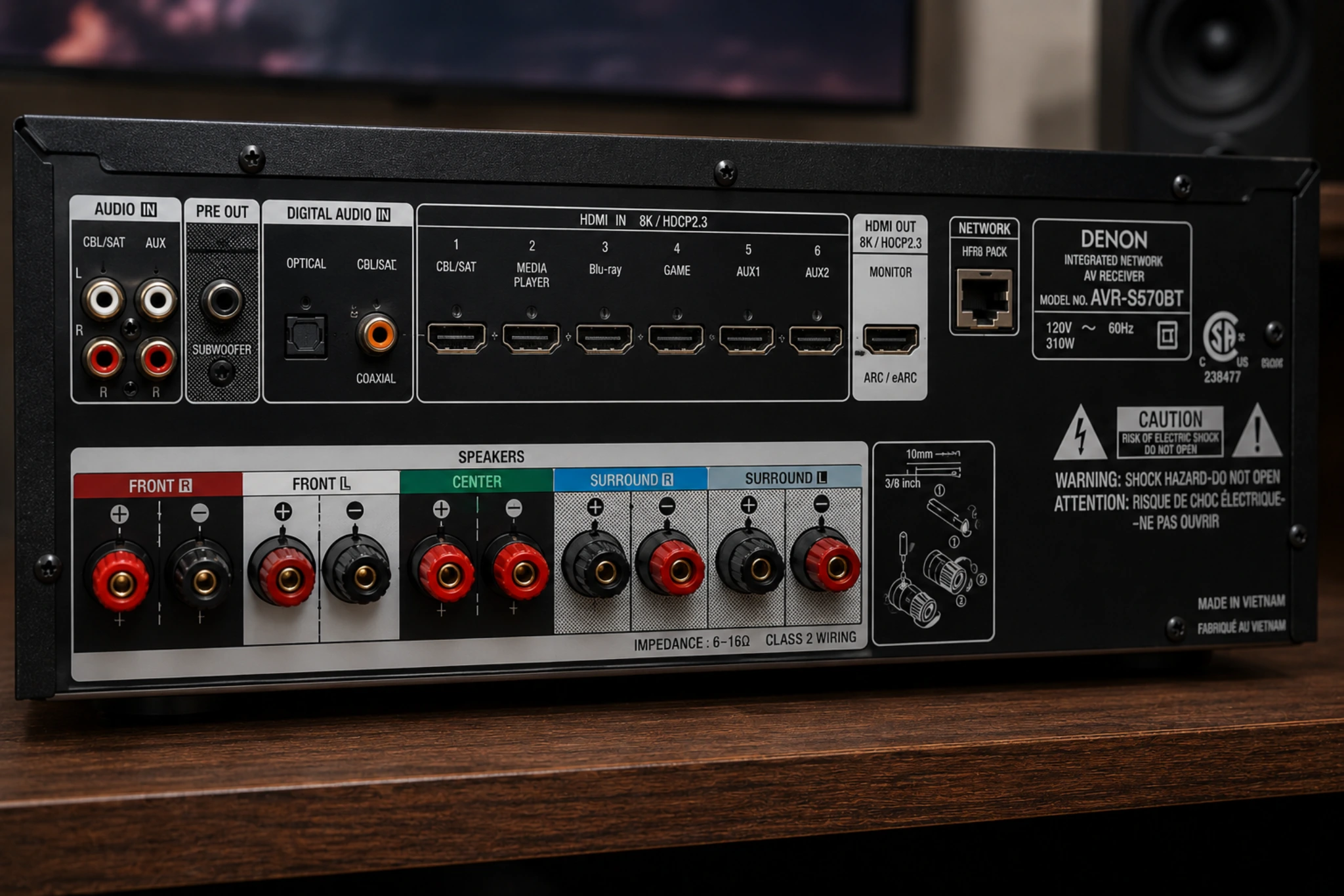 AV receiver rear panel showing HDMI inputs, speaker binding posts, and optical connections for a 5.1 home theater