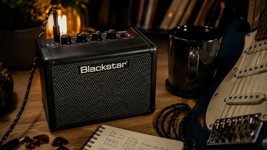 Blackstar Fly 3 mini guitar amp close-up during a late-night apartment practice session with warm desk lighting and cozy musician atmosphere