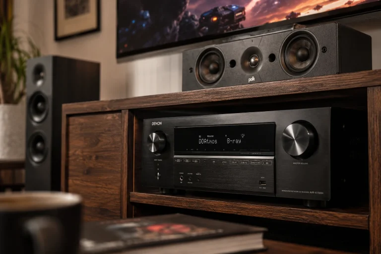 Close-up Denon AVR-X1700H Dolby Atmos AV receiver in a premium home theater setup with bookshelf speakers and cinematic TV lighting