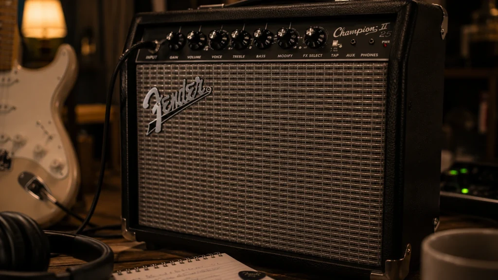 Close-up of the Fender Champion II 25 practice amp showing the silver grille cloth and top-mounted control panel in a warm home studio setup
