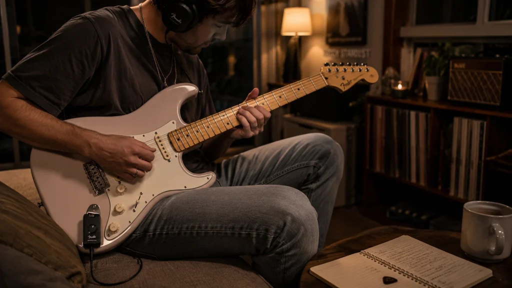 Close-up of the Fender Mustang Micro plugged into a white Strat-style electric guitar for silent headphone practice