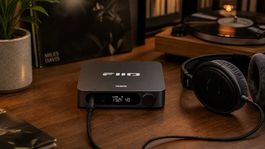 FiiO K11 R2R desktop DAC amplifier displaying 192K 48 on its screen, connected to Beyerdynamic headphones on a warm wooden desk beside vinyl records