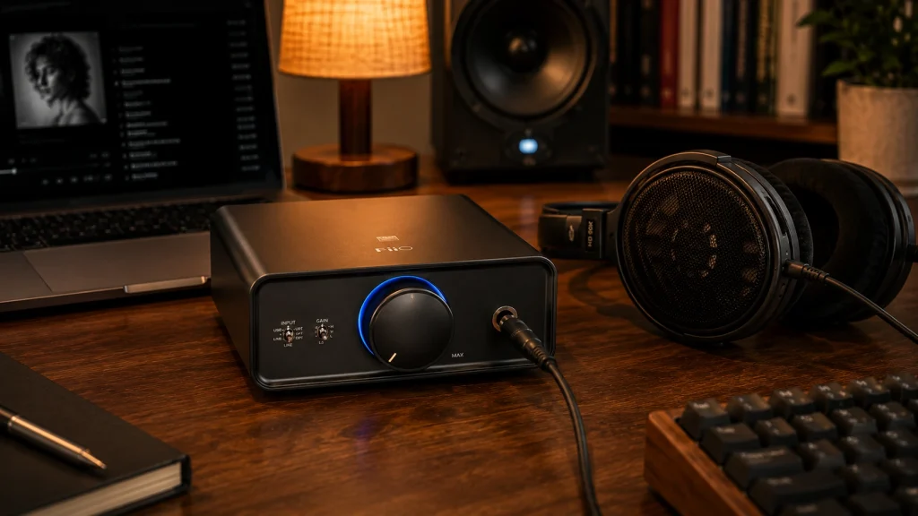 FiiO K5 Pro ESS high-power desktop DAC headphone amplifier powering planar headphones in a warm home listening setup
