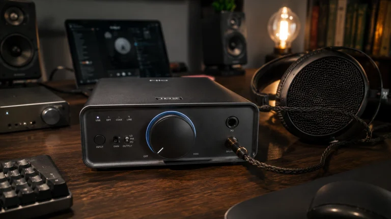 FiiO K7 balanced DAC headphone amplifier on a desktop home audio setup with 4.4mm balanced headphone cable