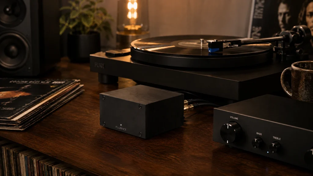 Fluance PA10 MM phono preamp connected to a turntable on a clean vinyl listening desk