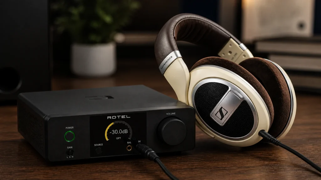 Desktop headphone amplifier setup with over-ear headphones on a wooden listening desk