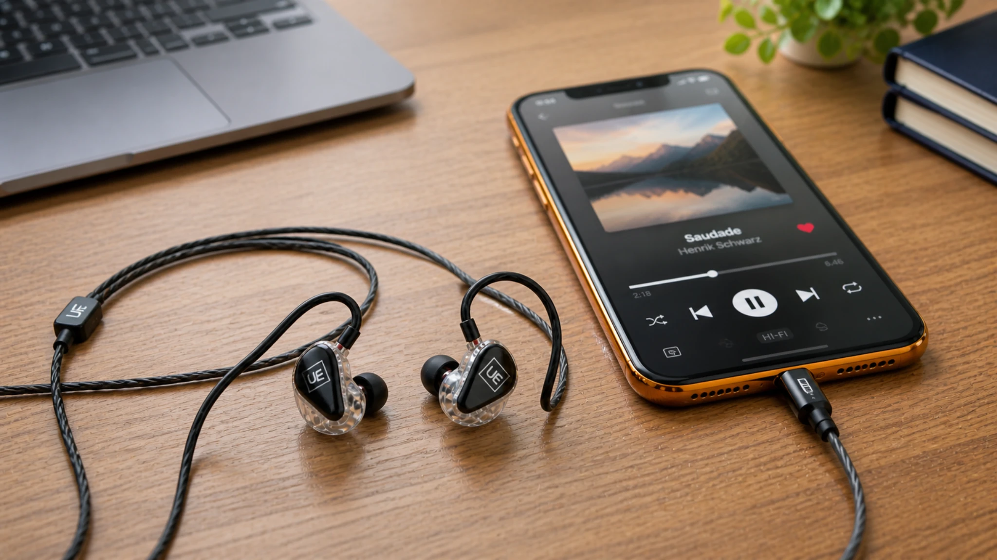 In-ear monitors connected to a smartphone on a wooden desk, showing a simple everyday listening setup without a headphone amplifier