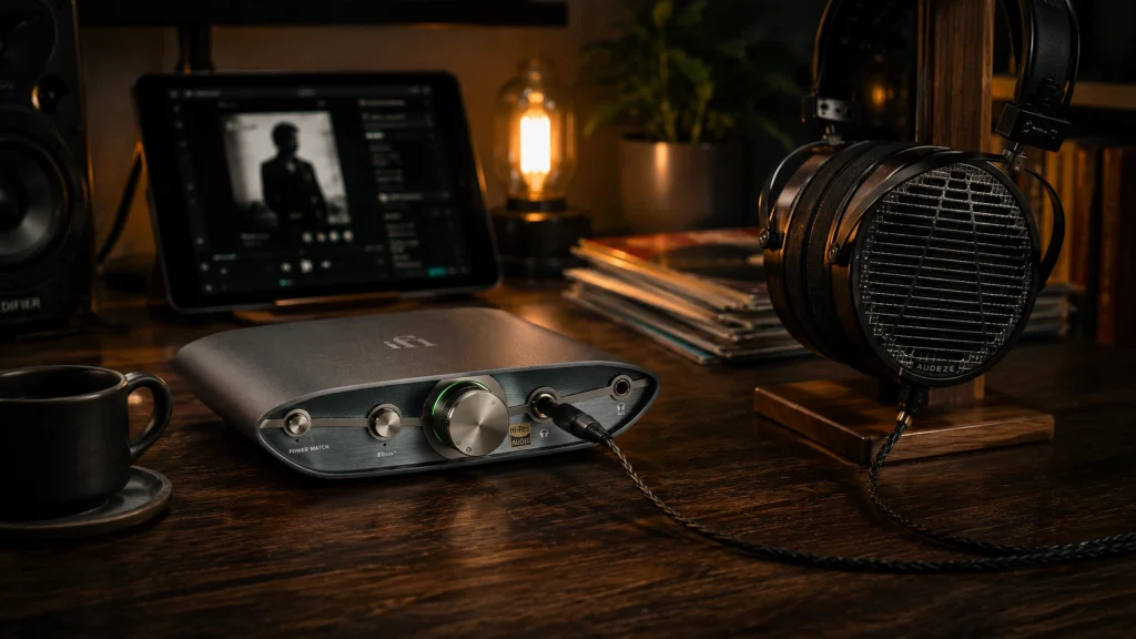 iFi Zen DAC 3 balanced desktop DAC headphone amplifier beside premium planar magnetic headphones in a warm late-night listening setup