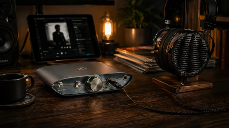 iFi Zen DAC 3 balanced desktop DAC headphone amplifier beside premium planar magnetic headphones in a warm late-night listening setup